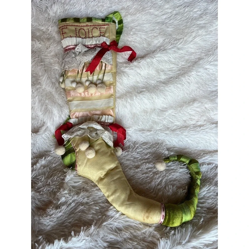 Dept 56 Christmas Stocking Big Vintage Rejoice Elf Curled Toe Lace Jester Shabby